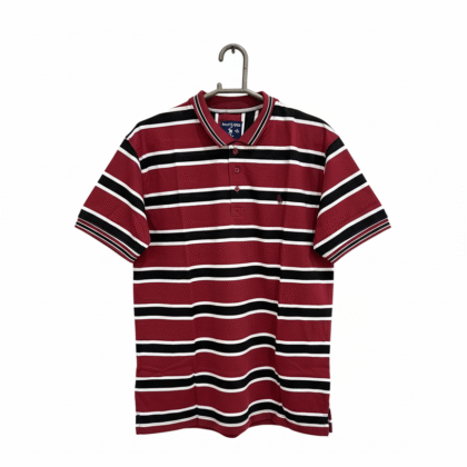 Kay Dot Red, White & Black Striped Cotton Polo Shirt