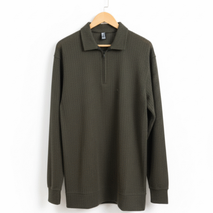Knitted Zipped Polo Shirt - Olive