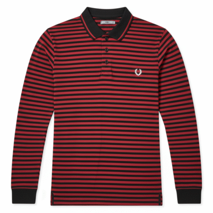 Red & Black Full-Sleeve Cotton Striped Polo Shirt