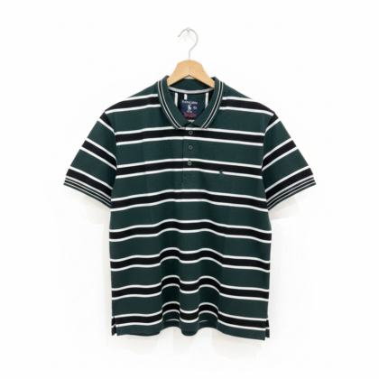 Green, White & Black Striped Cotton Polo Shirt