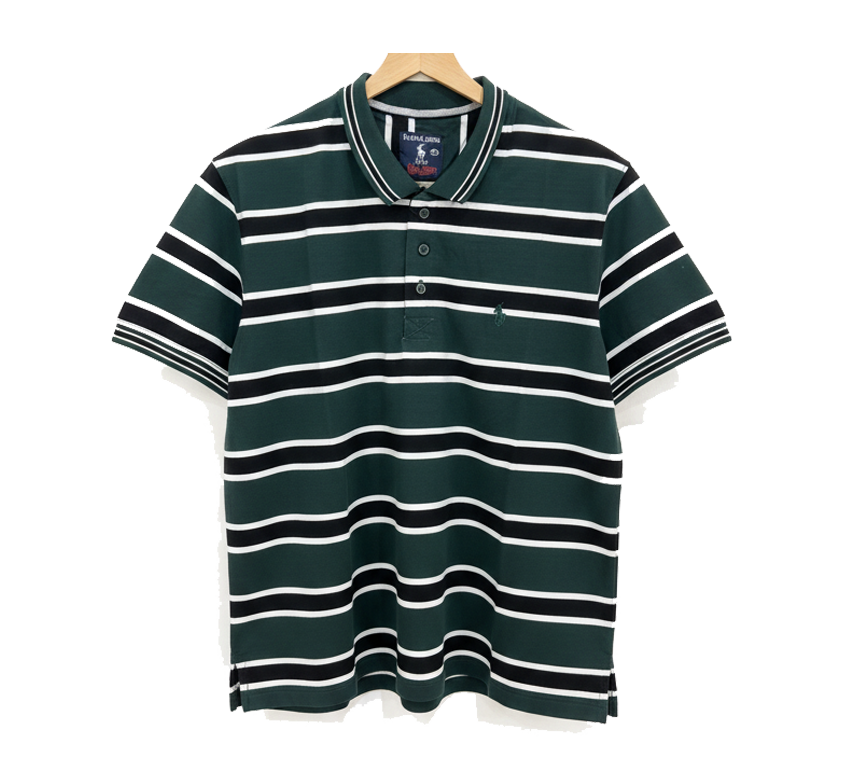 Green, White & Black Striped Cotton Polo Shirt
