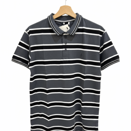 Grey, White & Black Striped Cotton Polo Shirt