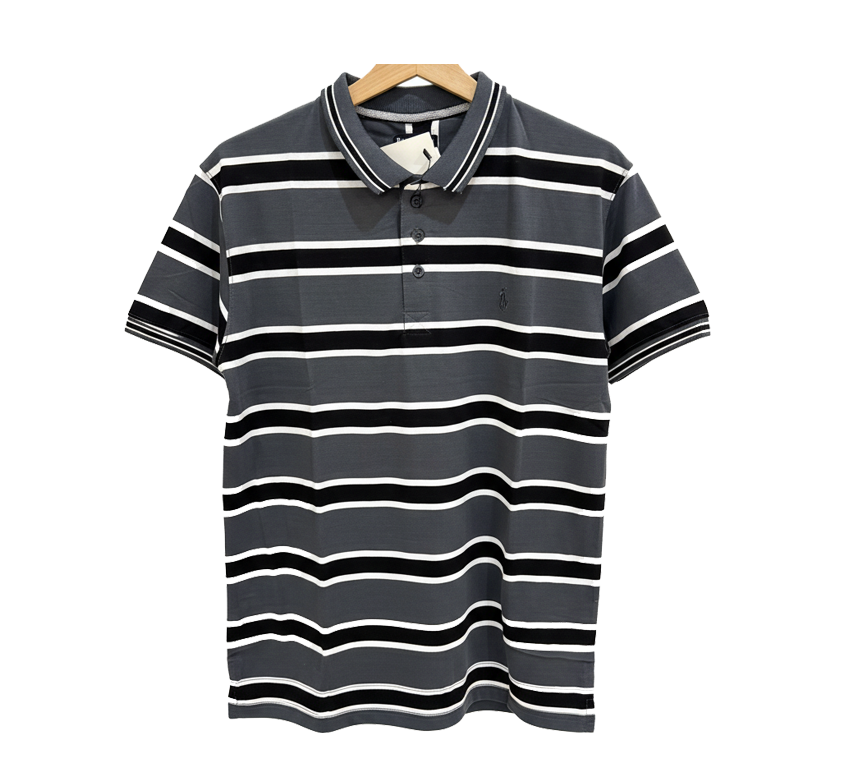 Grey, White & Black Striped Cotton Polo Shirt