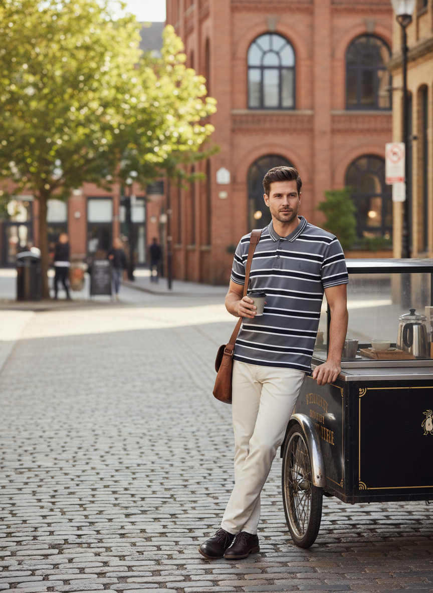 Grey, White & Black Striped Cotton Polo Shirt - Image 3